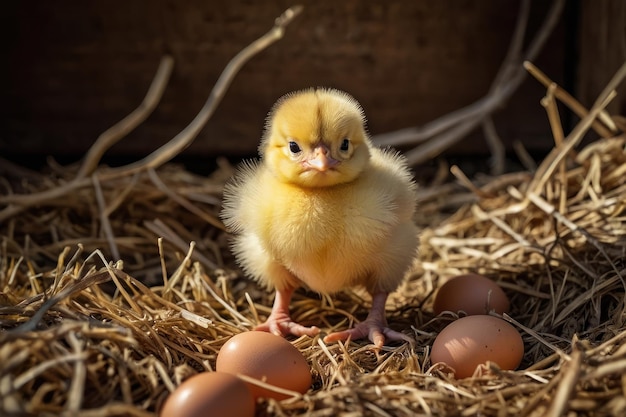 Un pollito recién nacido en un campo soleado