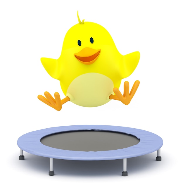 Pollito saltando en trampolín 3D Render