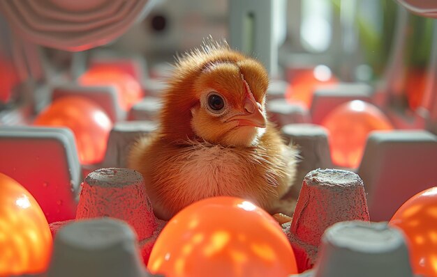 El pollito se sienta en la incubadora rodeado de huevos de naranja