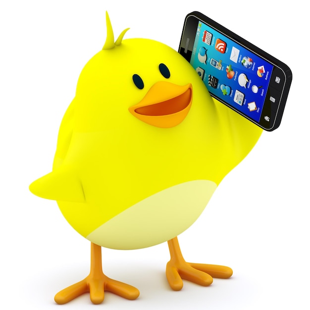 Pollito con smartphone en render 3d blanco