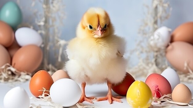 Un pollito tierno y conchas rotas en un enfoque suave capturando el milagro de la vida