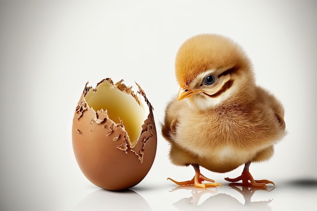 Pollitos pequeños con cáscaras de huevo huevo marrón y pollo aislado en blanco