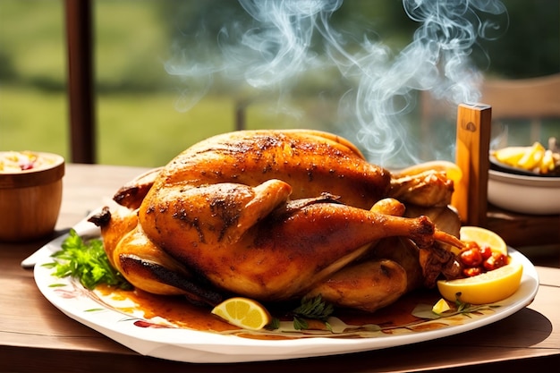 Un pollo ahumado en una mesa de un restaurante