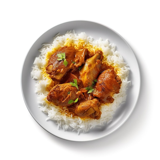 Pollo al curry con arroz jazmín Concepto de comida india