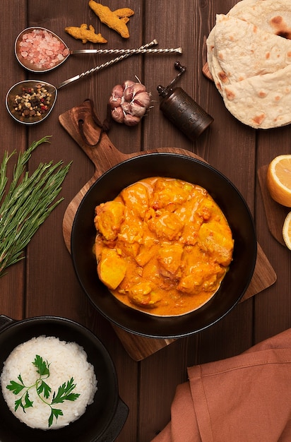 Pollo al curry con arroz y pan plano chapati un plato tradicional indio en una mesa de madera ningún pueblo