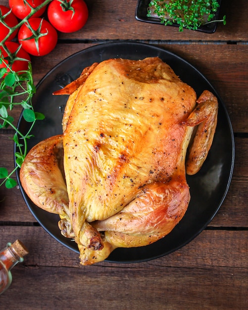 Foto pollo al horno, gallina de mesa festiva o pavo