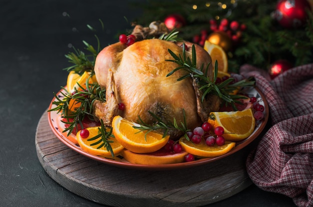 Pollo al horno. La mesa navideña se sirve con un pavo, decorado con frutas brillantes. Cena de Navidad.