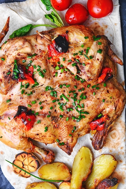 Pollo al horno con papas en pita