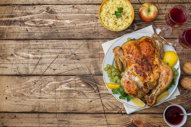 Pollo al horno, puré de papas y copas de vino para la cena en la mesa festiva.