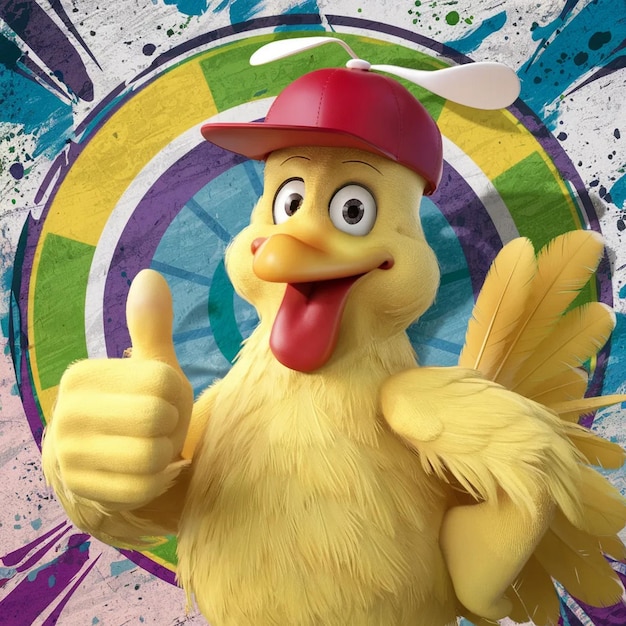 Un pollo amarillo de dibujos animados con el pulgar hacia arriba