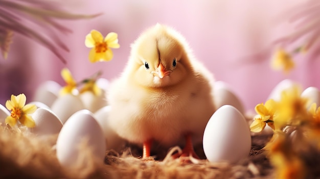 Pollo amarillo fresco entre flores primaverales y brillantes huevos de Pascua