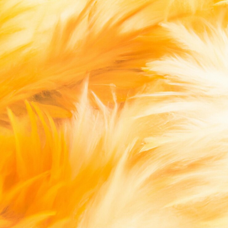 Un pollo amarillo y naranja está sobre un fondo blanco.