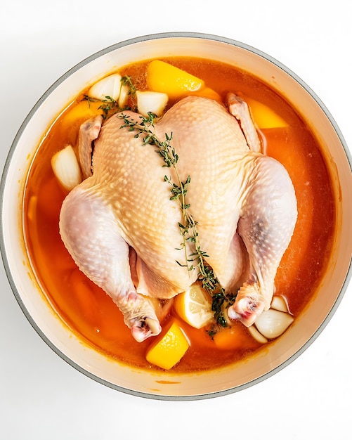 pollo araffy en una olla con verduras y hierbas