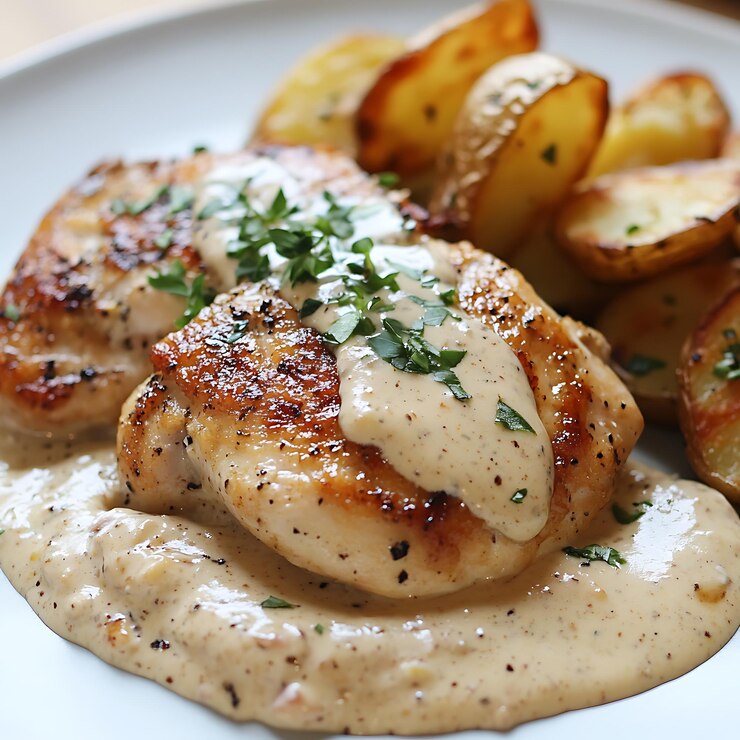 pollo araffy con una salsa cremosa y patatas en un plato