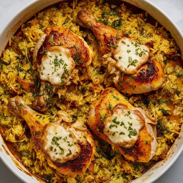 Pollo y arroz horneados con queso y hierbas