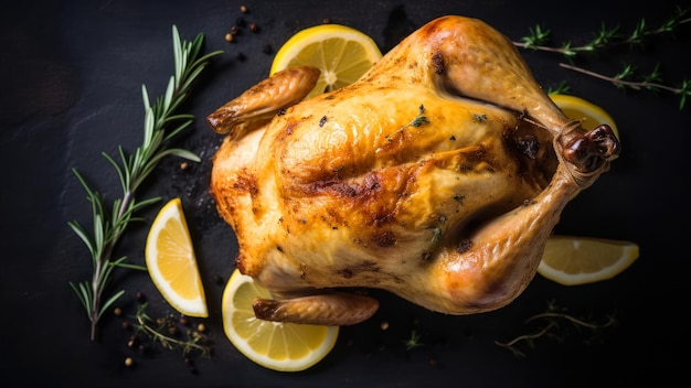 Un pollo asado en una bandeja negra con limones y romero al lado.