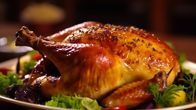 Un pollo asado dorado maravillosamente cocinado ocupa un lugar central en una mesa rústica de madera.