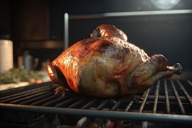 Pollo asado entero en la parrilla de la barbacoa de primer plano cocinando comida
