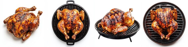 Pollo asado entero a la parrilla con una deliciosa piel marrón dorado