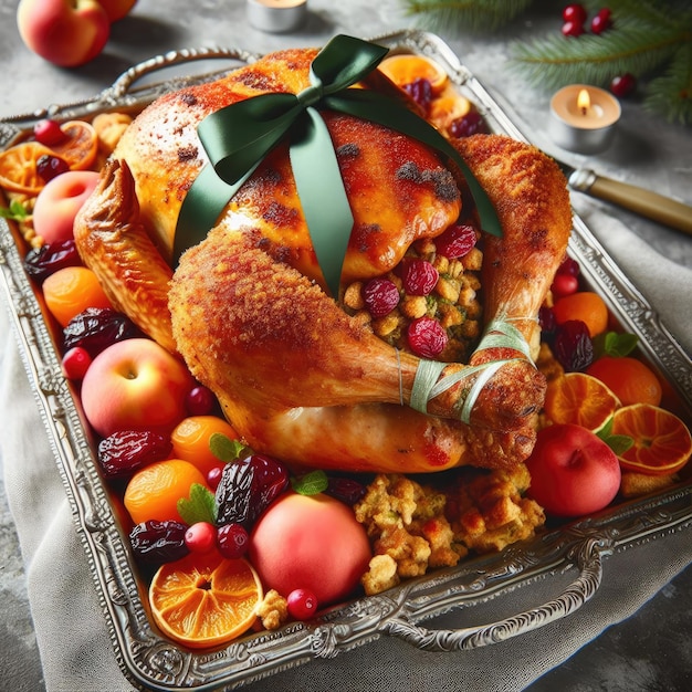 Foto un pollo asado entero con un relleno rosado y frutal