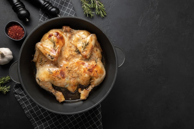 Foto pollo asado con especias en sartén de hierro fundido sobre mesa negra espacio para texto o receta vista desde arriba