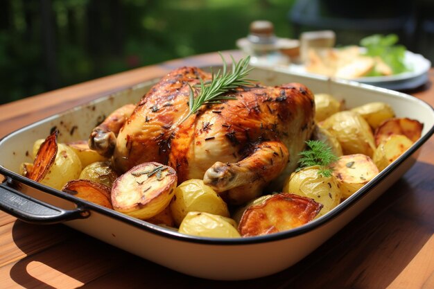 Pollo asado fresco sobre una tabla de madera