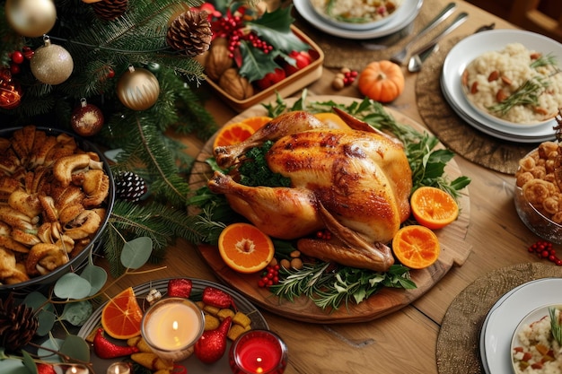 pollo asado en la mesa concepto de cena familiar de Navidad