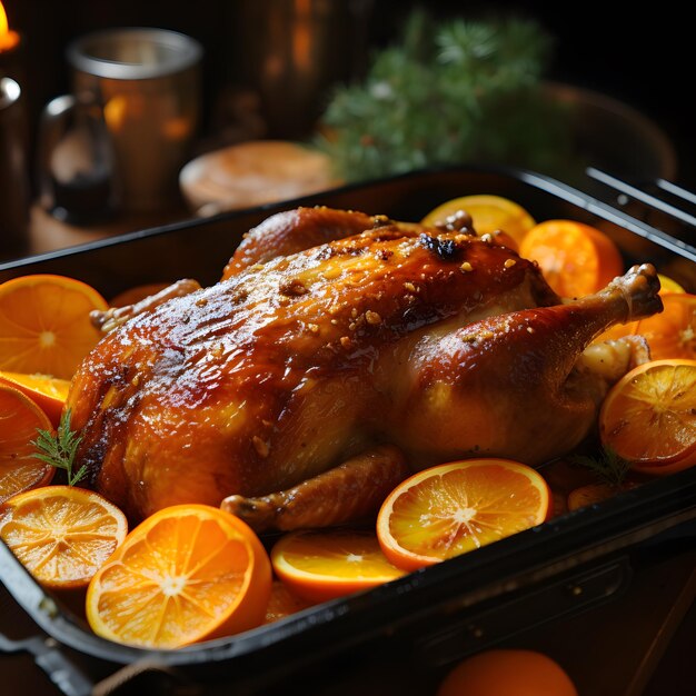 Foto un pollo asado con naranjas en una sartén