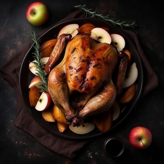 Pollo asado o pavo horneado de Acción de Gracias en una mesa de Navidad o Acción de Gracias