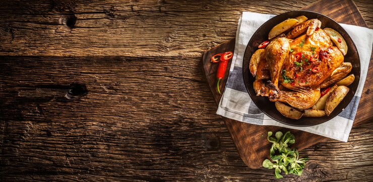 Pollo asado y papas americanas con chiles y hierbas - Vista superior.