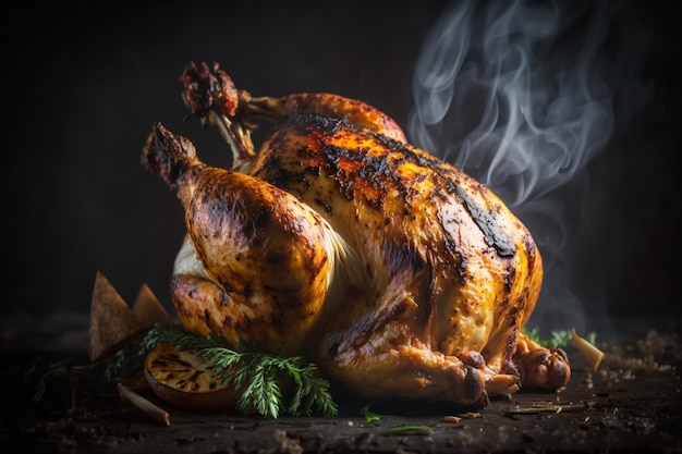 Un pollo asado a la parrilla con un fondo ahumado