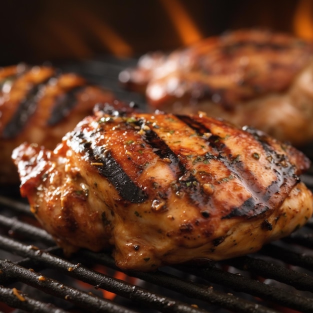 Pollo asado a la parrilla con llamas al fondo