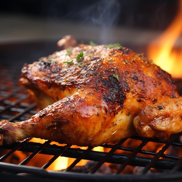 Foto pollo asado en la parrilla con llamas y humo en el fondo