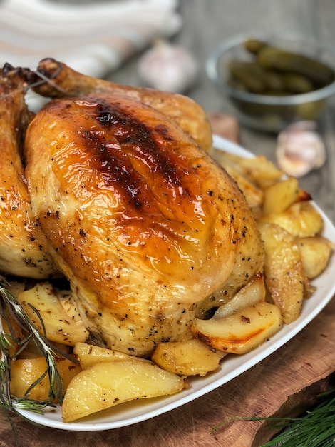 Pollo asado con patatas en la mesa de madera.