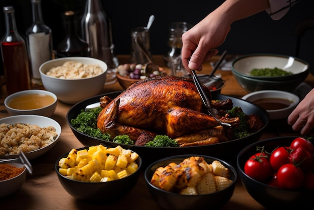 Pollo asado con patatas y verduras sobre una mesa de madera