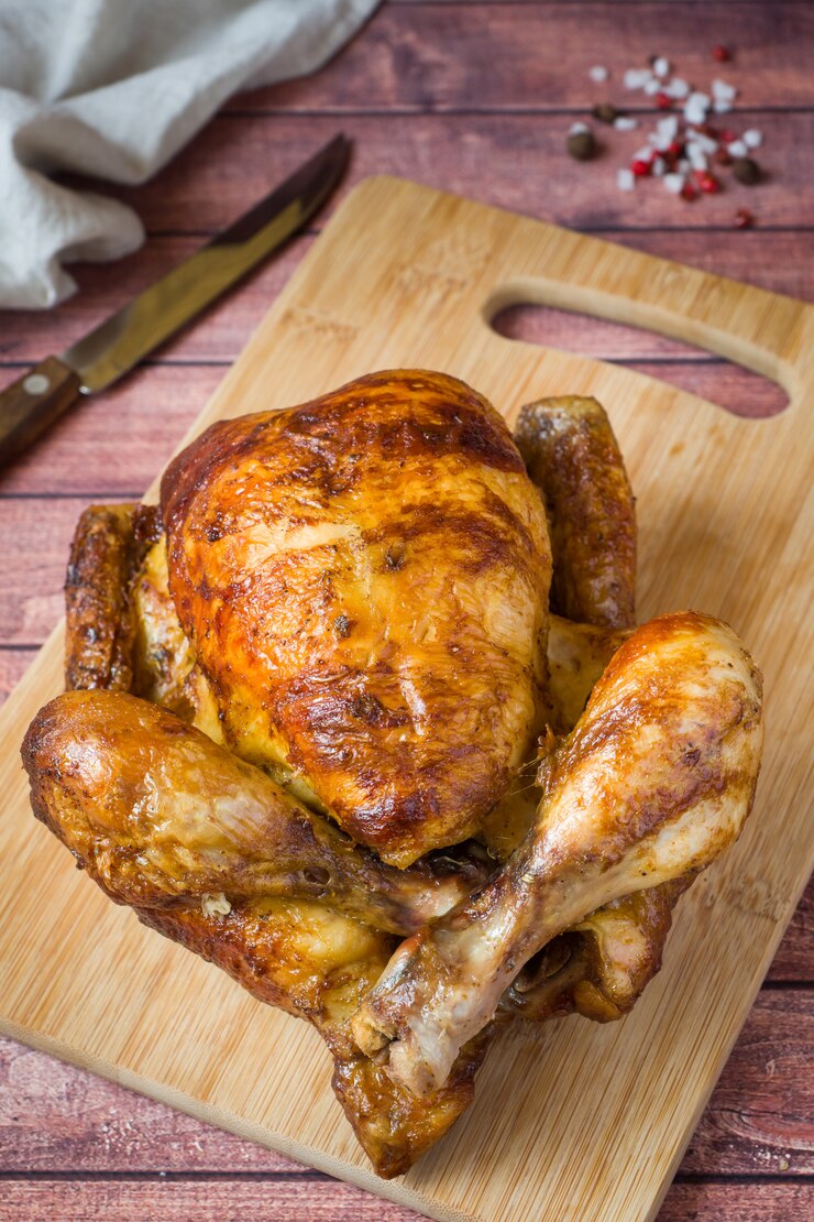 Pollo asado pesadamente asado en mesa de madera