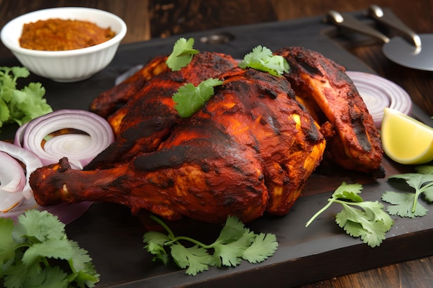 Un pollo asado en un plato con cilantro