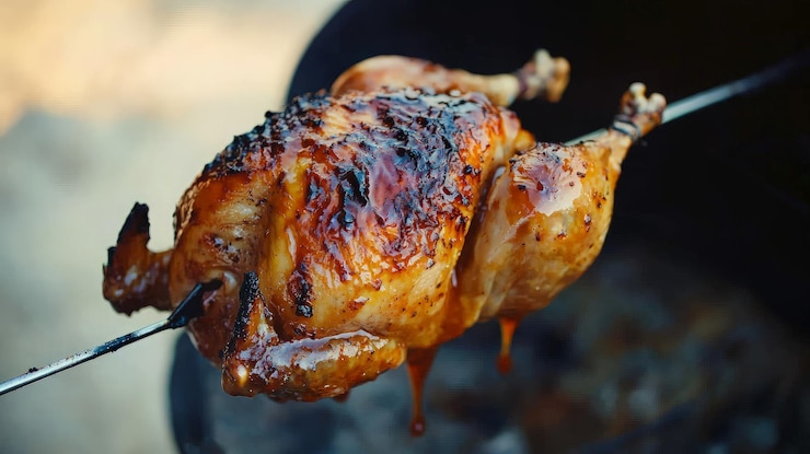 Pollo asado en una rostera brillando con jugos sobre carbón