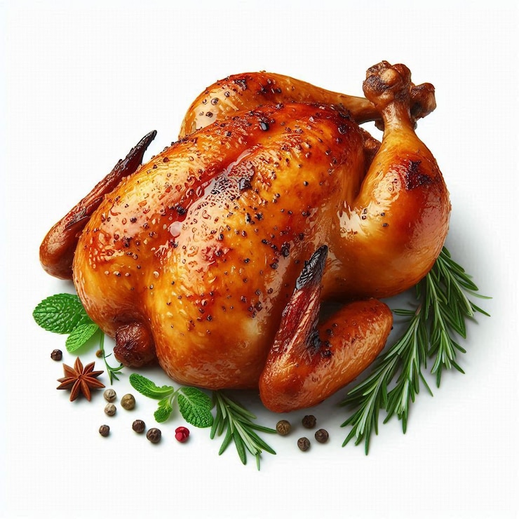 Pollo asado sobre un fondo blanco