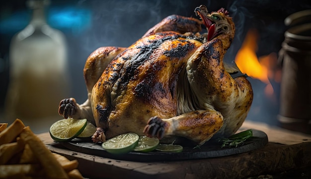 Foto un pollo asado está sobre una mesa con un fuego ardiente en el fondo.