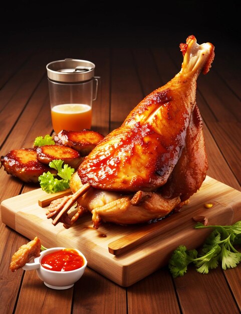 Pollo asado en la tabla de cortar