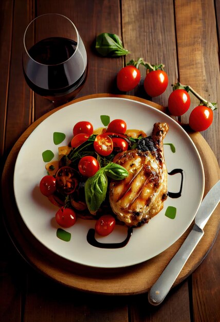 Pollo asado con tomate cereza y una copa de vino tinto IA generativa