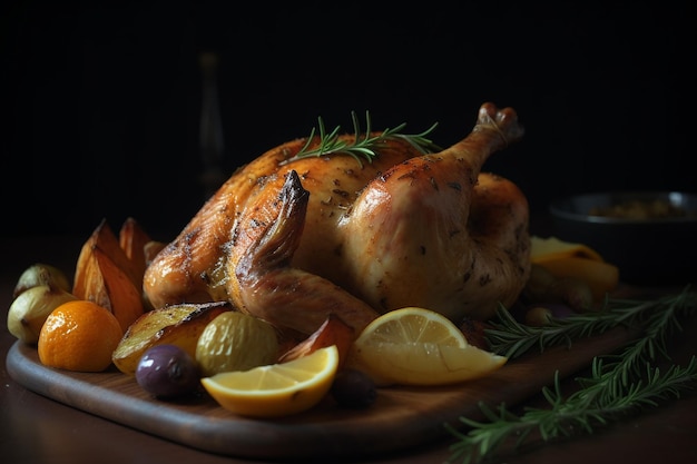 Un pollo asado con verduras en un plato de madera