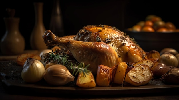 Un pollo asado con verduras en un plato