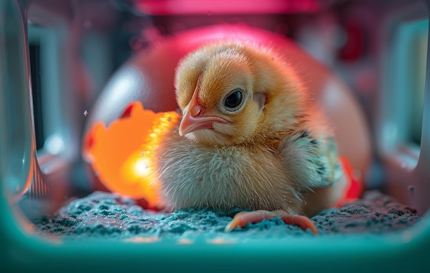 El pollo bebé está sentado en una caja de plástico con luz roja