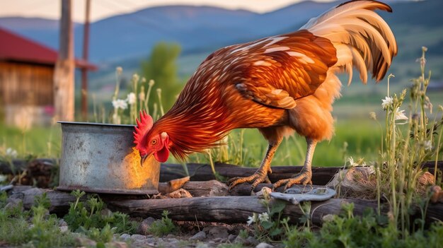 Foto un pollo bebiendo de una bañera de metal con un gallo rojo en ella