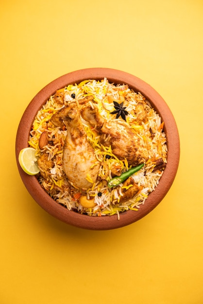 El pollo Biryani Dum Handi se prepara en una olla de barro o barro llamada Haandi. Comida popular india no vegetariana