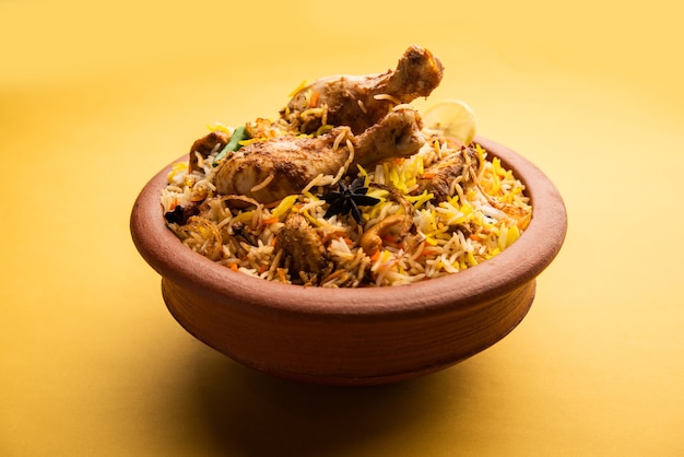 El pollo Biryani Dum Handi se prepara en una olla de barro o barro llamada Haandi. Comida popular india no vegetariana