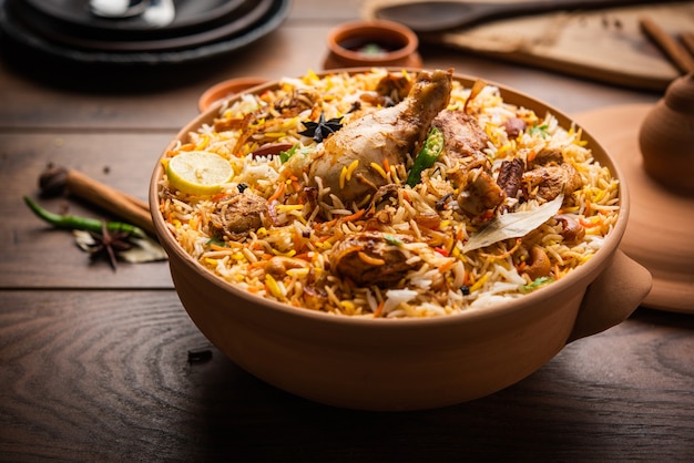 El pollo Biryani Dum Handi se prepara en una olla de barro o barro llamada Haandi. Comida popular india no vegetariana