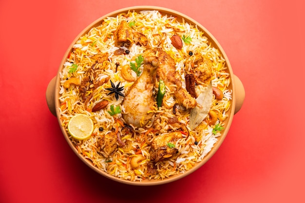 El pollo Biryani Dum Handi se prepara en una olla de barro o barro llamada Haandi. Comida popular india no vegetariana